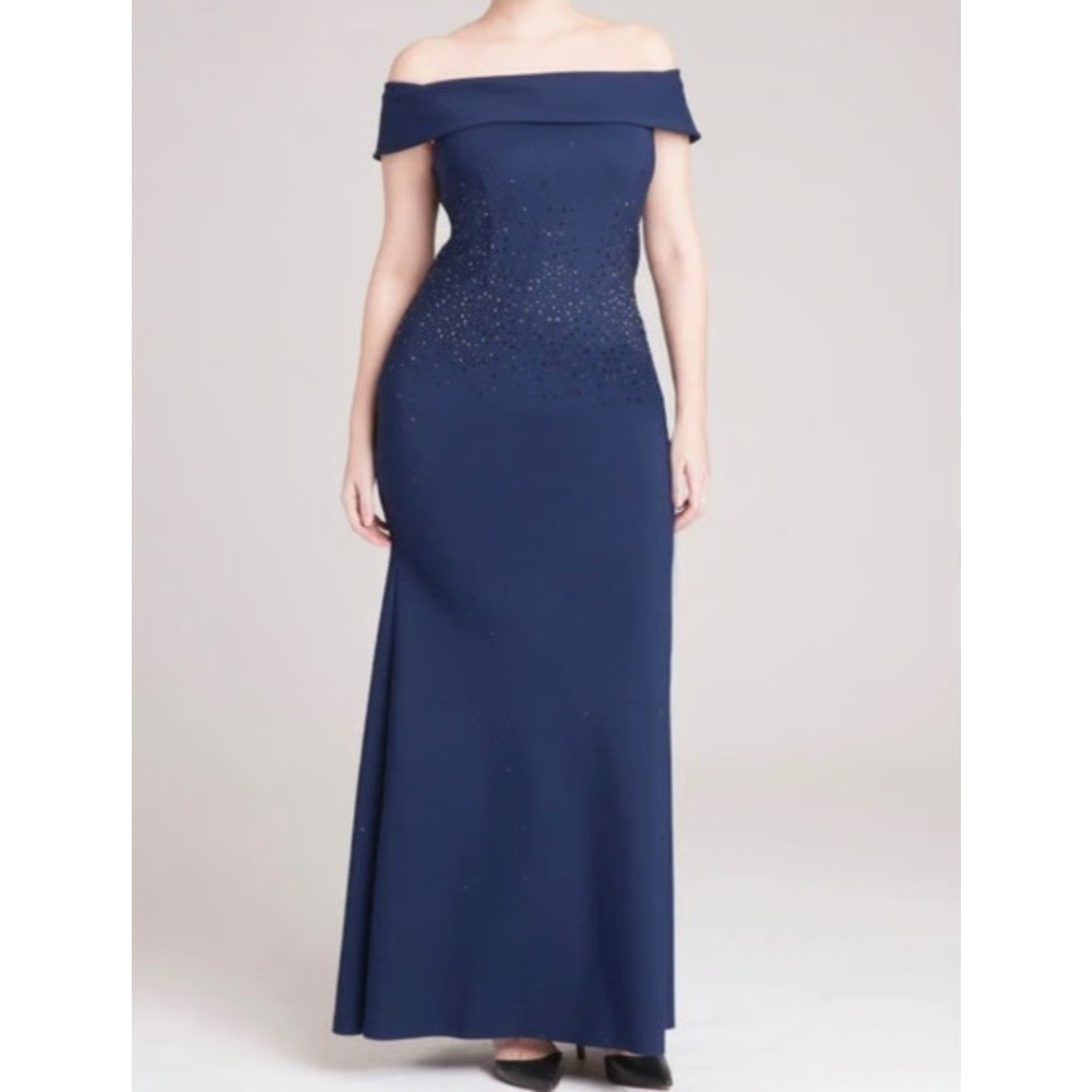 Rickie Freeman Teri Jon Off The shoulder Gown Maxi Dress Navy Blue Beaded 6 S